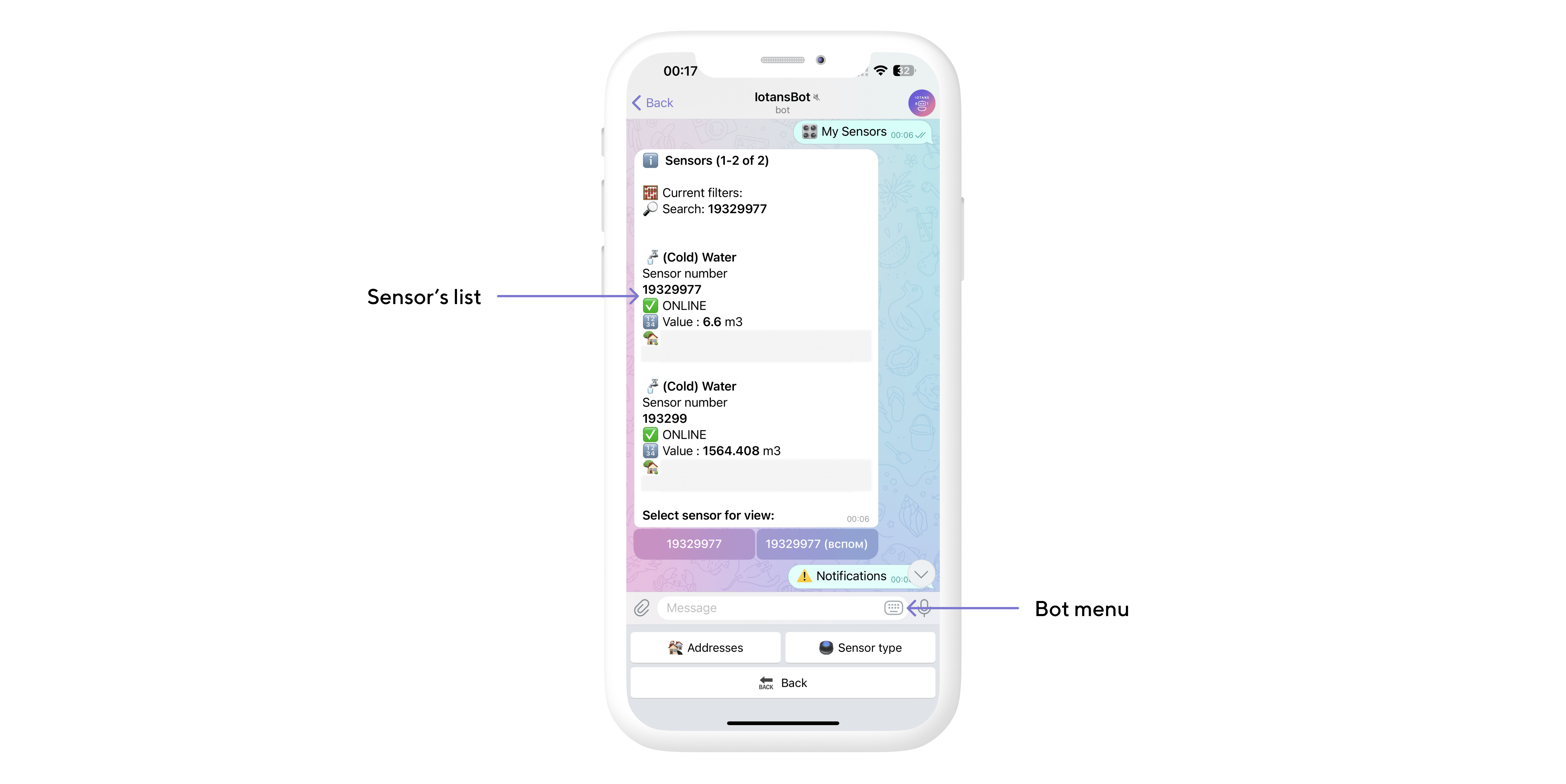 List of devices with addresses and readings in the telegram bot IotansBot List of devices with addresses and readings in the telegram bot IotansBot